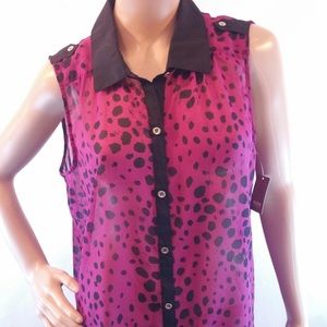 Notations sleeveless sheer purple magenta blouse